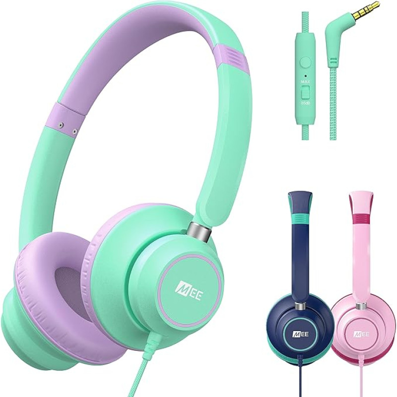 MEE audio KidJamz KJ45 vaikiškos ausinės su garsumo reguliatoriumi, mikrofonu, reguliuojamomis ausinėmis su 3,5 mm lizdu, nesipainiojančiu kabeliu, skirtos mokymuisi internetu, mokyklai, kelionėms ir planšetiniams kompiuteriams