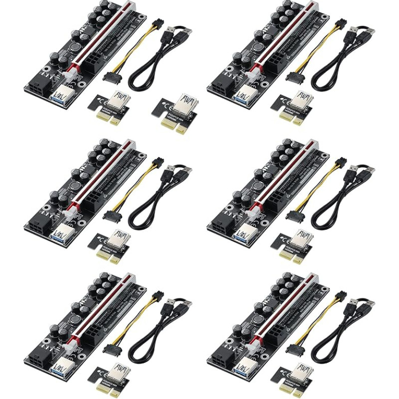 YBBOTT Riser 1X to 16X GPU Riser Card V011-PRO, su 0,6 m USB 3.0 prailginimo kabeliu - 2 x 6 kontaktų maitinimas - 10 kietųjų kondensatorių - Graphics Extender Riser Card for Bitcoin Ethereum Mining Rig ETH (6vnt.)