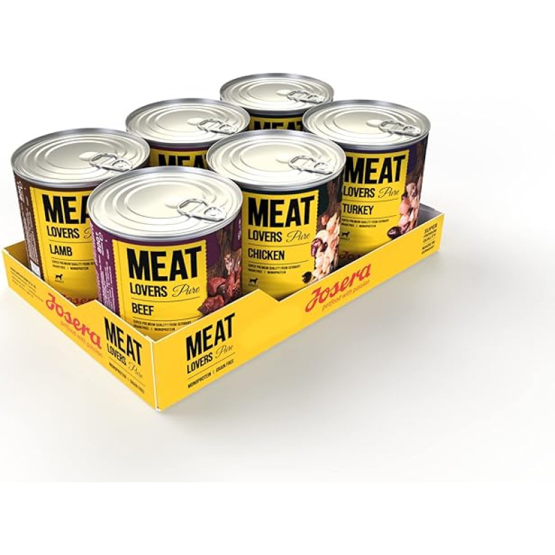 JOSERA Meat Lovers Pure Multipack (6 x 800 g) | Suaugusiems šunims | Aukščiausios kokybės drėgnas ėdalas suaugusiems šunims | 4 skirtingos rūšys | Daug mėsos (68 %) | Be grūdų | Drėgnas ėdalas šunims | Pakuotė po 6 vnt.