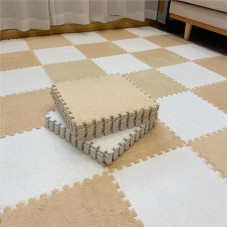 KLYso 40 Stück Ineinandergreifende Teppichfliesen, 30,5 X 30,5 X 1 cm, Verdickte Quadratische Schaumstoff-Puzzle-Spielmatte, Flauschige Plüsch-Schaumstoff-Bodenmatte(Apricot+White)