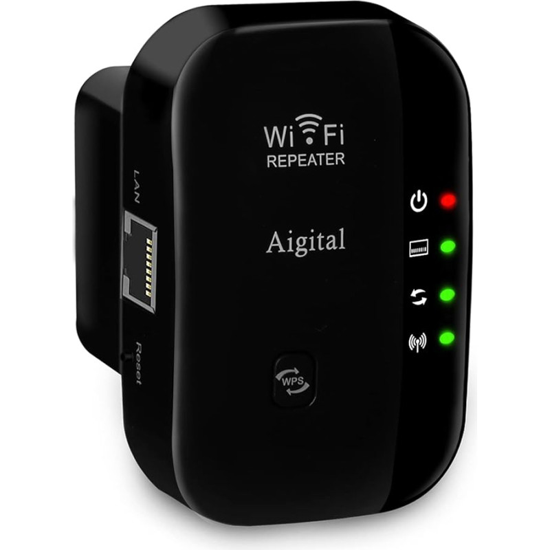 WLAN stiprintuvas kartotuvas (300 Mbps, Ethernet prievadas, WPS, AP režimas, kompaktiškas dizainas, išjungiamas šviesos diodas, suderinamas su visais WLAN įrenginiais), juodos spalvos