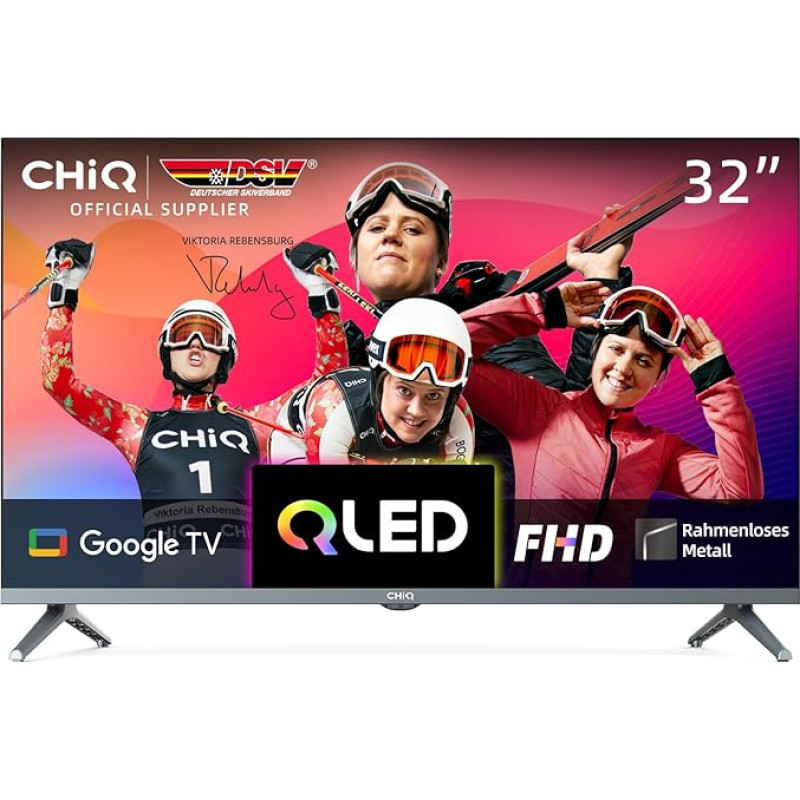 CHIQ TV L32QM8G 32 Inch QLED TV, FHD, HDR, Frameless Metal Design, Google TV, Chromecast, Google Assistant, Quad-Core CPU, WiFi, Dolby Audio, DBX-tv, Triple Tuner (DVB-S2/T2/C)