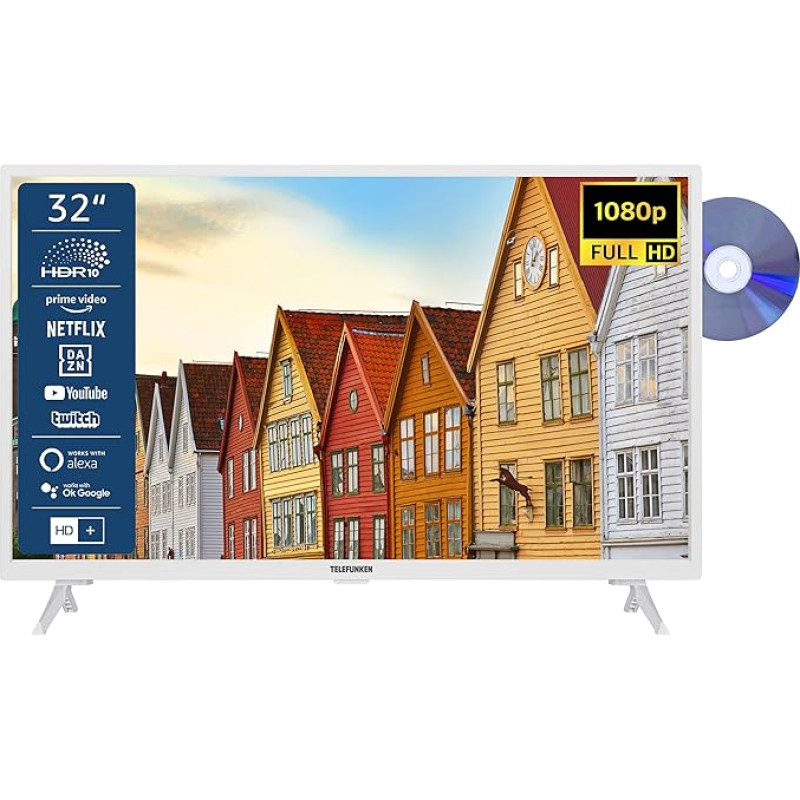 TELEFUNKEN XF32SN550SD-W 32 Inch TV/Smart TV (Full HD, HDR, Triple Tuner, DVD Player) - Includes 6 Months HD+ [2023], White