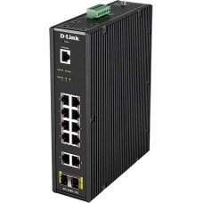 D-Link DIS-200G-12S Pramoninis 12 prievadų komutatorius, 10 gigabitinių ir 2 SFP prievadai, tvirtinamas ant DIN bėgio, tinkamas ekstremalioms sąlygoms -40°C-65°C ERPS, VLAN, QoS, IGMP, jungčių agregavimas