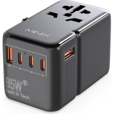 MINIX Universal Travel Adapter, 85W GaN III International Power Adapter, 3 USB-C 2 USB-A Ports, AC Outlet, Worldwide Travel Charger for Laptops, Tablets, Phones and More