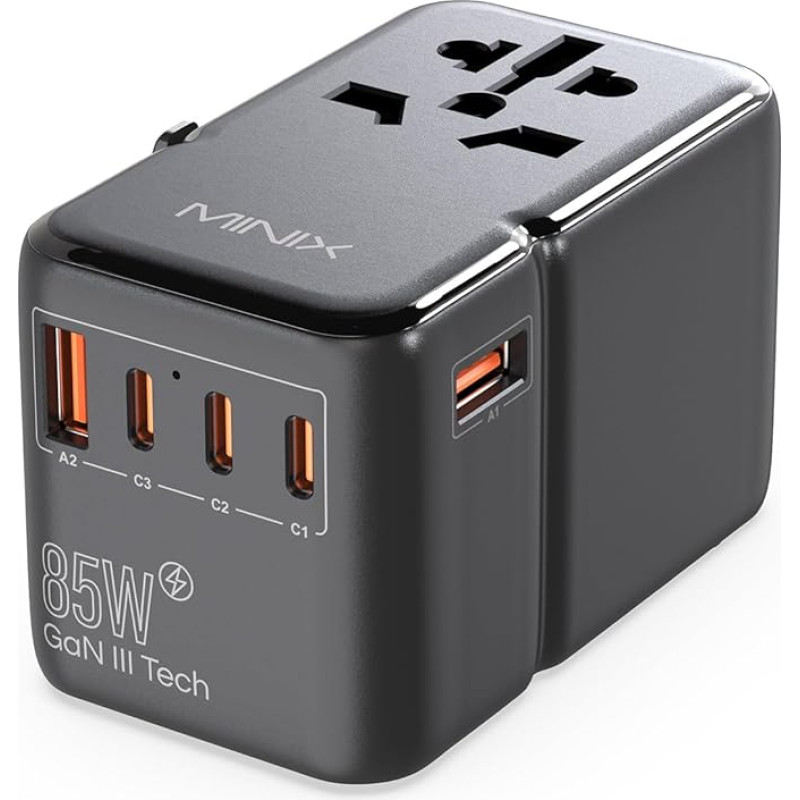 MINIX Universal Travel Adapter, 85W GaN III International Power Adapter, 3 USB-C 2 USB-A Ports, AC Outlet, Worldwide Travel Charger for Laptops, Tablets, Phones and More