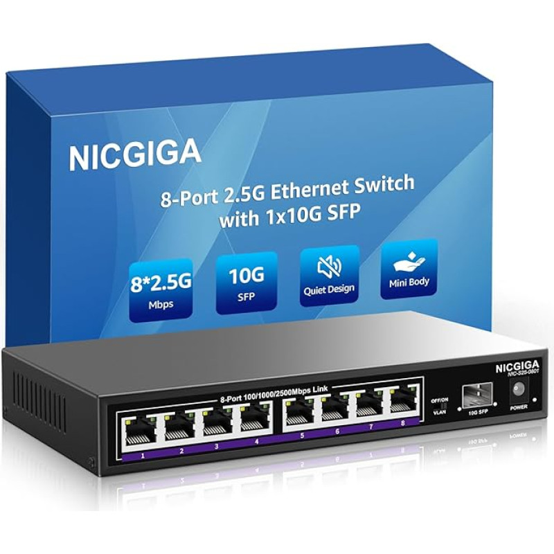 NICGIGA 8 Port 2.5G Ethernet Switch with 10G SFP Uplink, Unmanaged 2.5Gb Network Switch, Plug & Play, Desktop/Wall Mount, Fanless Metal Design