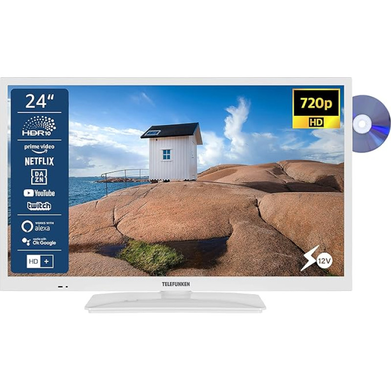 TELEFUNKEN XH24SN550MVD-W 24 Inch TV/Smart TV (HD Ready, HDR, Triple Tuner, 12 Volt, DVD Player) - 6 Months HD+ Included [2023], White