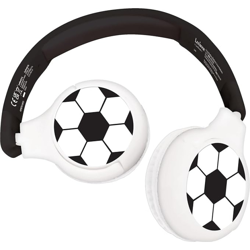 Lexibook, Football HPBT010FO 2-in-1 Bluetooth & Wired Headphones with Microphone and Control Button, Foldable and Adjustable, Long Lasting Battery, White/Black