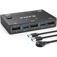 USB 3.0 KVM jungiklis Displayport 4K @ 144Hz, YOUTINGHDAV KVM jungiklis 2 PC 1 monitorius, USB Displayport jungiklis 2 kompiuterių dalims 4 USB 3.0 įrenginiams Klaviatūra pelė monitorius su laidiniu nuotolinio valdymo pultu