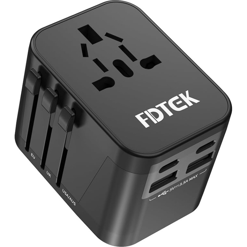 Travel Adapter Worldwide with 2 USB-A, 2 USB-C and 1AC Socket, FDTEK 5 in 1 International Travel Plug, Universal Socket Adapter, Travel Adapter Over 200+ Countries for Germany, UK, Italy, USA