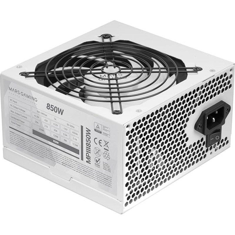 MARSGAMING MPIII850, kompiuterio maitinimo šaltinis ATX 850 W, 85 % efektyvumas, skaitmeninė APFC sistema, 120 mm FDB ventiliatorius su AI-RPM, DC-DC ir SMD technologijomis, ypač ilgas plokščias kabelis, baltos spalvos