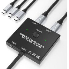 8K USB C jungiklis, USB C jungiklis 2 kompiuteriams, dvikryptis, USB C KVM jungiklis su laidiniu nuotolinio valdymo pultu ir 2 USB-C kabeliais, 100 W įkrovimui + 10 Gb/s duomenų ir vaizdo perdavimui, 8K@60Hz/4K@144Hz