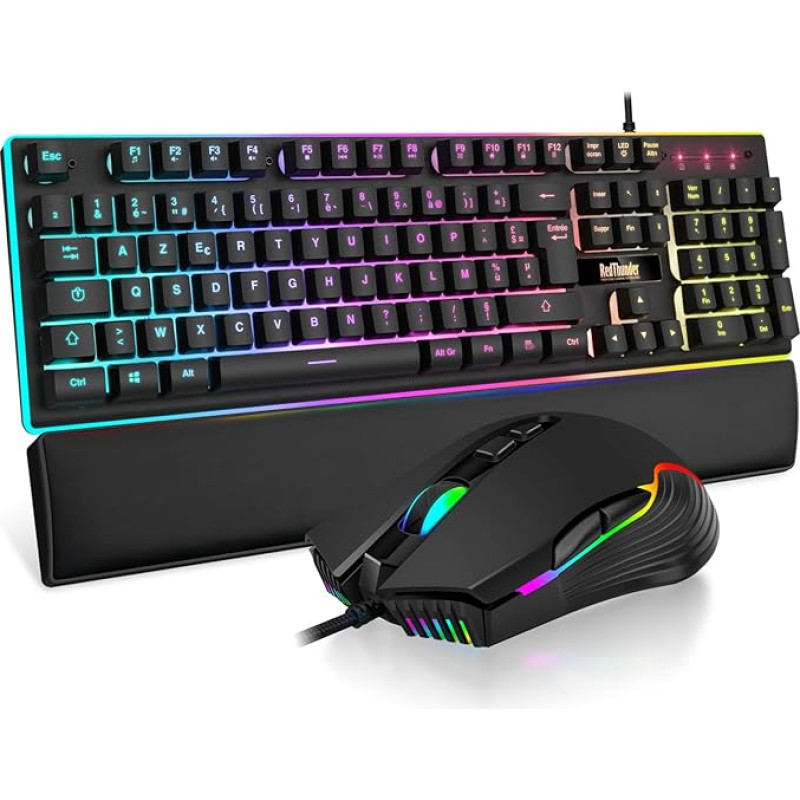 RedThunder K10 Ensemble Gaming Clavier et Souris Gamer USB, AZERTY FRANÇAIS + Repose-Poignets, Clavier Anti-Ghosting Rétroéclairé RVB et 7200 DPI Avec Souris Ergonomique Pour Les Joueurs (Noir)