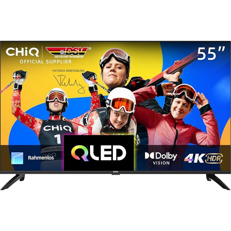 CHIQ U55QH7C 55 Inch Smart TV Device, 4K QLED, Dolby Vision HDR10, Frameless Design, Works with Alexa, Netflix, Prime Video, Google Play, BT5.0, HDMI2.0, USB2.0, Model 2023 Black