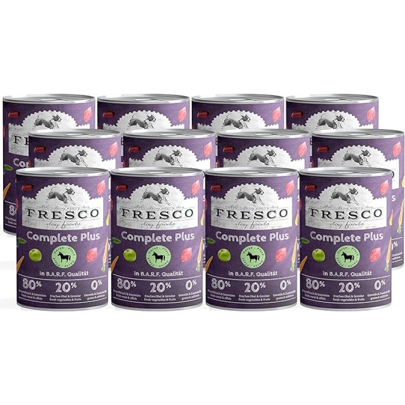 FRESCO Dog Nassbarf Complete Plus Horse 12 x 400 g drėgnas ėdalas šunims be grūdų Sveikas ir turtingas baltymų ėdalas, pagamintas iš 100% šviežios mėsos, subproduktų, vaisių ir daržovių be dirbtinių priedų