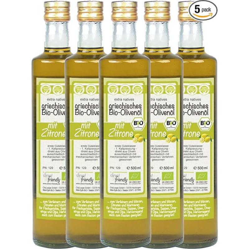 direct&friendly Ekologiškas alyvuogių aliejus Graikija su ekologiškomis citrinomis (5 x 500 ml)