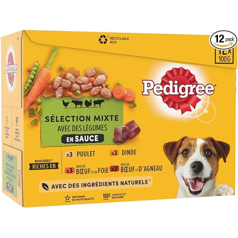 PEDIGREE Sachets fraîcheur en sauce 4 variétés - Pour chien - 12x 100 g (x4)