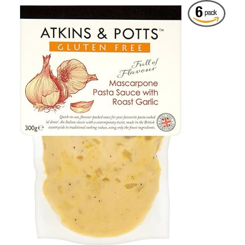 Atkins and Potts Mascapone Nudelsauce mit Bratenknoblauch, glutenfrei, 300 g, 6 Stück