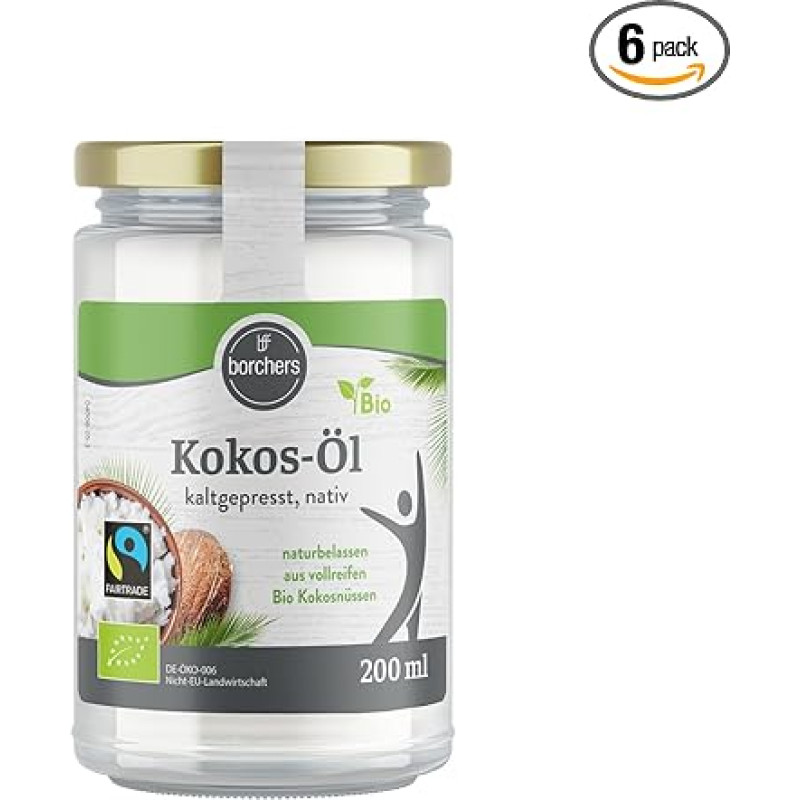 BORCHERS Ekologiškas sąžiningos prekybos kokosų aliejus, 200 ml, šalto spaudimo, vietinis, kaip visiškai subrendusių ekologiškos kokybės kokosų riešutų, 100 % grynas, stiklinėje, skirtas maisto gaminimui