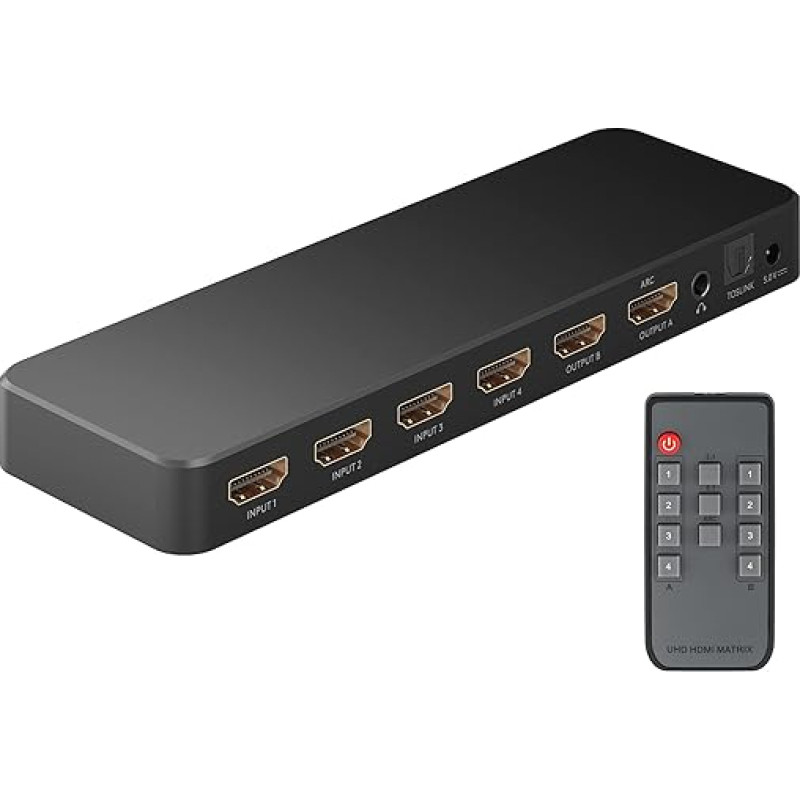 goobay 58479 HDMI Matrix Switch 4 to 2 / Matrix Switch Splitter 4K @ 60Hz / with Remote Control for Blu Ray Player, Xbox, PS5 and TV / 4 in 2 Out Switch, Black