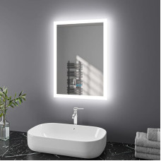 Finmrys Vonios veidrodis su apšvietimu, 50 x 70 cm, LED vonios veidrodis su jutikliniu jungikliu, vonios veidrodis nuo rūko, reguliuojamas, apšviečiamas, šaltai baltas, šiltai baltas, horizontalus, vertikalus (19.69 x 27.56)