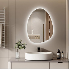 S'AFIELINA Mirror with Lighting, Asymmetrical LED Bathroom Mirror 60 x 45 cm with Touch Switch, Dimmable, 3 Light Colours, Adjustable, Anti-Fog Bathroom Mirror with Lighting