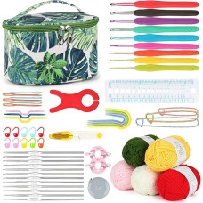 Aeelike Green Leaves Crochet Set for Beginners, 59 Pieces Portable Crochet Hook Set with Accessories and Wool, 0.6 mm, Crochet Hooks Contains Stainless Steel Tips, Socks, Scarves, Sweaters,