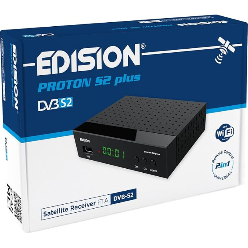 EDISION Proton S2 Plus Full HD palydovinis imtuvas FTA, (DVB-S2 | ARD ir ZDF SD išjungimas) Unicable tinkamas, 2-in-1 RCU, HDMI, SCART, S/PDIF, LAN, USB, iš anksto įdiegtas vokiškų programų sąrašas