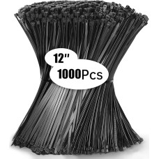 Jokisa Pack of 1000 Cable Ties 300 x 4.8 mm, Cable Ties Black Set, Cable Ties UV Resistant Tensile Strength 23 kg for Cable Management, Gardening, Living, Workshops, Office, DIY