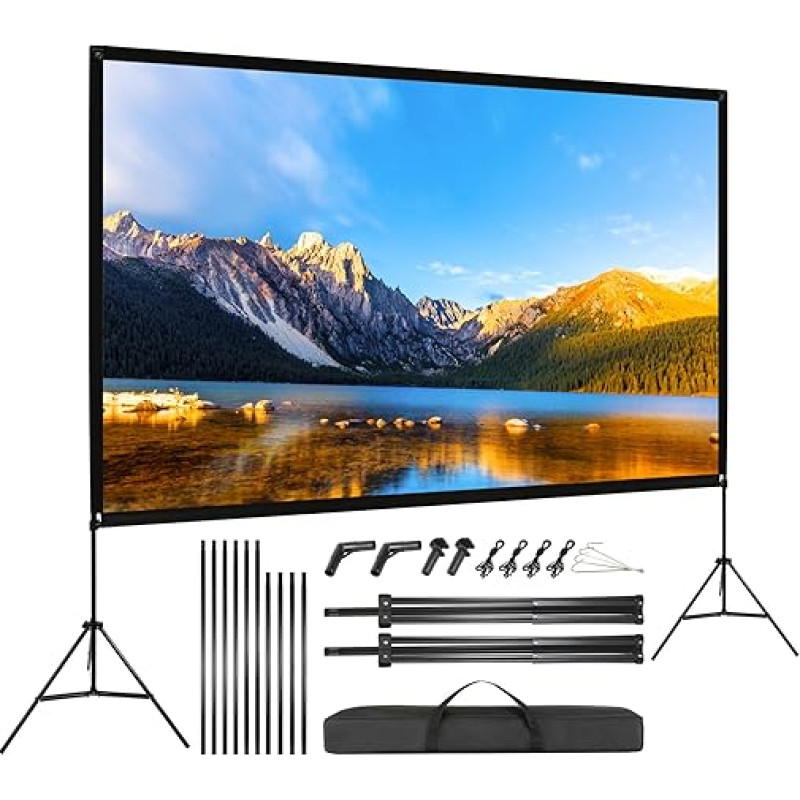 VISULAPEX 120 colių ekrano projektorius su stovu HD 4K, 16:9, 160° apžvalgos kampu, su trikoju, greitai sulankstomas, nešiojamas, skirtas namų kinui, stovyklavimui ir biuro pristatymams