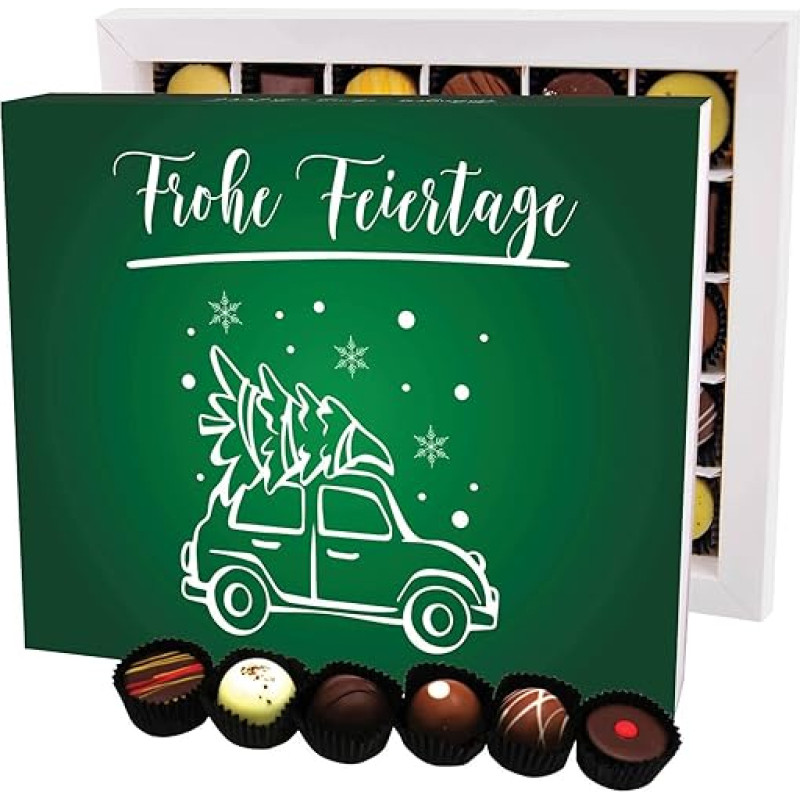 Hallingers Frohe Feiertage XXL - Manufaktūros šokoladiniai saldainiai Kalėdų dovana, rankų darbo be alkoholio iš aukščiausios kokybės kakavos šokolado (dėžutė) - dovana vasarą ir kaip puiki kepsnių dovana | Sveikiname, dėkojame