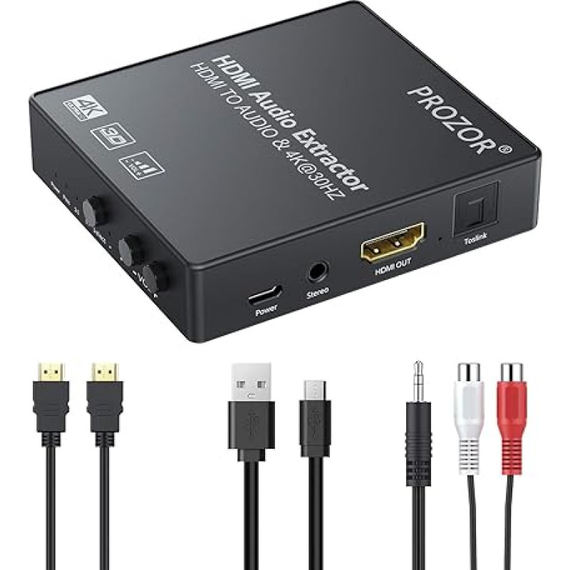 PROZOR HDMI garso ekstraktorius su garsumo valdymu 3,5 mm išėjimui, HDMI į HDMI Toslink optinis 3,5 mm AUX PASS 5.1CH 2.0CH 4K 3D HDMI vaizdo garso keitiklis, skirtas HD dėžutei, žaidimų konsolei, DVD