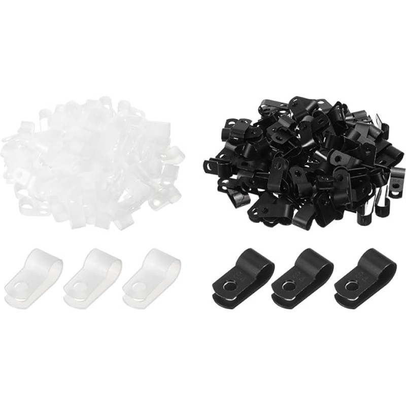 QUARKZMAN R-type Cable Clip Wire Clamp, 8,4 mm 0,33 colio nailono varžtų tvirtinimo kabelių kaklaraiščių spaustukai su varžtais, baltos juodos spalvos, skirti kabelių valdymui, 200 vnt.