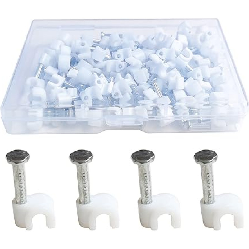 100pcs 4mm Round Cable Clips with Hardened Steel Nail Pin for Electrical Cables CCTV Coaxial Cable RJ45 Ethernet Network Patch Management Wood Concrete Wall White