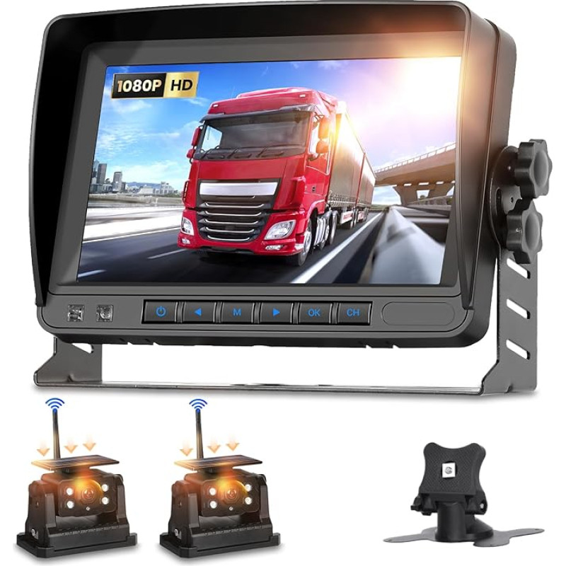 Hodozzy Magnetic Reversing Camera Wireless Solar with 2 Cameras, Wireless Reversing Camera with 1080P Night Vision 7 Inch Monitor Reversing Camera Waterproof IP68 Loop Recording Reversing Camera Set