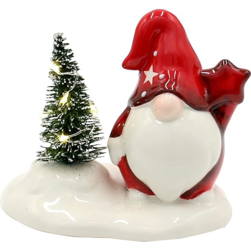 Dekohelden24 Nykštukas Nykštukas Nykštukas baltos/raudonos spalvos su žvaigžde ir LED eglute Ilgis 11 x plotis 7,5 x aukštis 9,5 cm