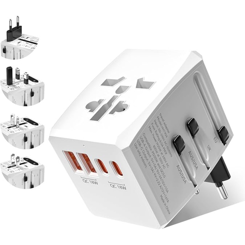 Brightark Travel Adaptor Worldwide, Universal Travel Adapter Worldwide with 2 USB, 2 Type-C and 1AC Socket, International Socket Adapter for Germany, USA, England, Thailand Adapter, for AC 100-240 V