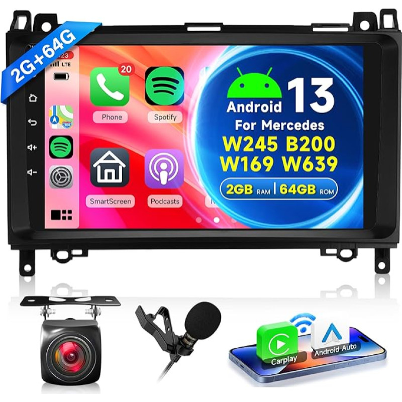 2G + 64G Wireless Carplay Android 13 automobilinis radijas 2 DIN, skirtas Mercedes Benz W169 W245 B200 W639 W906 Sprinter