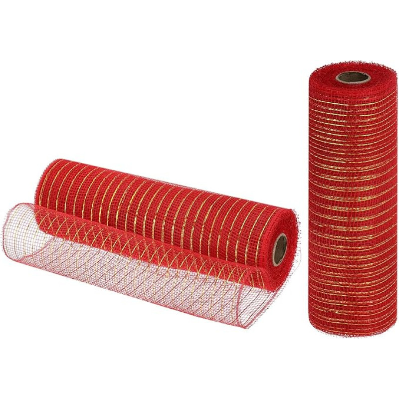 QUARKZMAN Jute Netz, 2 Stück 10 Zoll x 30 Fuß PP Dekoratives Netzband Netzband zum Verpacken von Weihnachtskranz-Partydekorationen DIY-Handwerksgirlanden, Rot mit Goldfolie