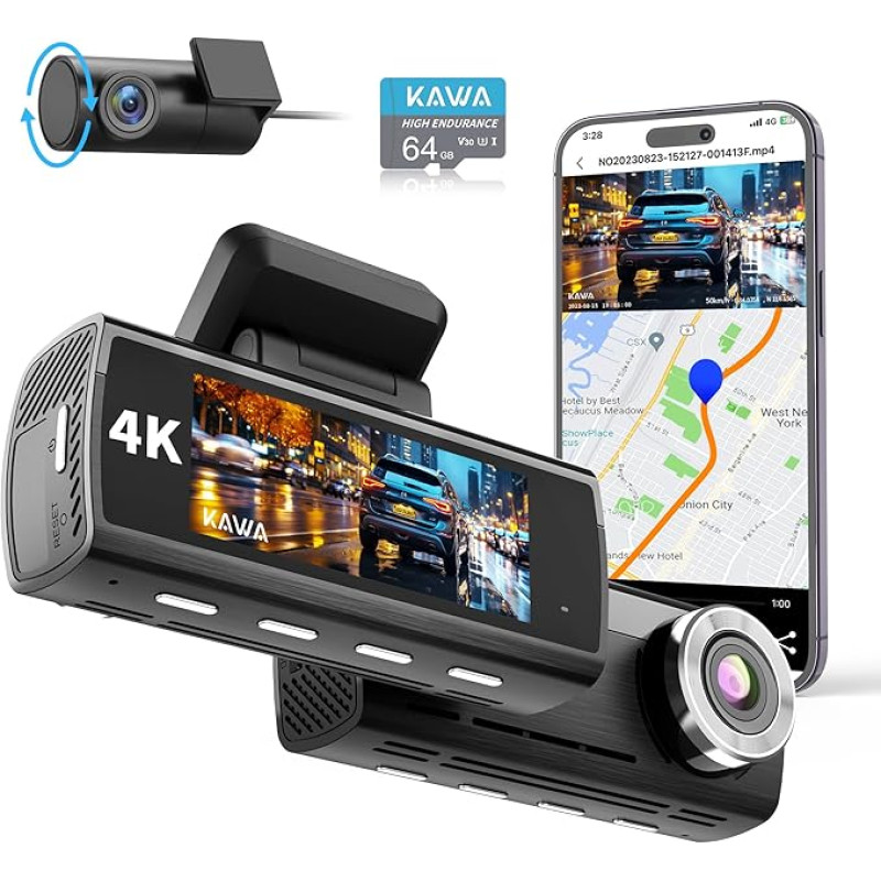 KAWA Dash Cam Automobilinė priekinė galinė True 4K WiFi Dash Cam Automobilinė su 64GB SD kortele, dviguba kamera, integruota GPS, 3,16 colių IPS ekranas, įjungimo šviesa, naktinio matymo kilpos įrašymas, avarinis įrašymas, 24 valandų parkas