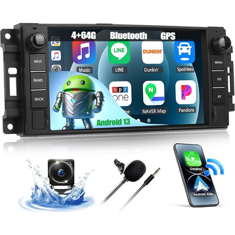 CAMECHO 4+64G Android 13 automobilinis radijas Jeep Commander Wrangler Chrysler Dodge Ram Challenger Chevrolet, 7 colių belaidis Carplay Android automobilinis Bluetooth radijas su WiFi GPS FM/RDS DSP + atbulinės eigos kamera