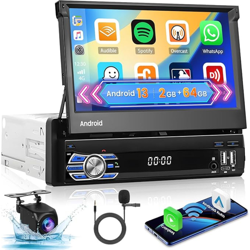 [2G + 64G] Android 13 Car Radio 1 DIN with Navigation Wireless Carplay Android Anto, 7 Inch Screen Retractable Touchscreen Car Radio 1 DIN with GPS WiFi Bluetooth FM SWC Reversing Camera
