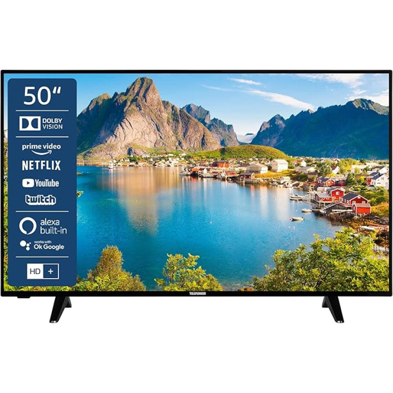 Telefunken D50U550X1CW 50 Inch TV/Smart TV (4K UHD, HDR Dolby Vision, LED, Triple Tuner, WiFi, Alexa Built-in) - Includes 6 Months HD+ [2022], Black