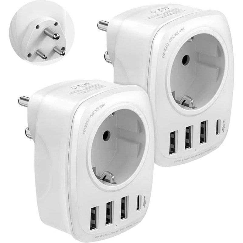 VINTAR India Travel Adapter Type D with 3 USB and 15 W 1USBC, India Adaptor Socket for India, Sri Lanka, Nepal, Pack of 2