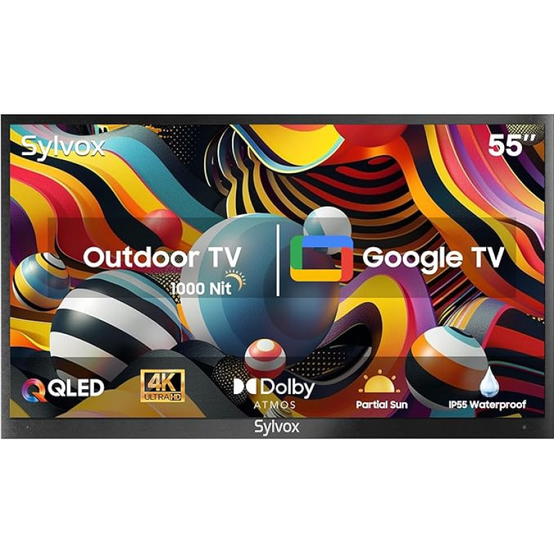 SYLVOX 55 Inch QLED Outdoor TV Smart Google Television - Quantum Dot Colour, 1000nit, Waterproof TV, Voice Assistant, Share to TV, Dolby Atmos for Patio, Partial Sun (Deck Pro 2.0 QLED)