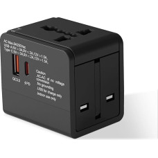 Travel Adapter Worldwide, Universal Travel Plug with 1USB-A, 1USB -C and 1AC Socket, USB C PD 18W Fast Charge, International Socket Adapter for Germany, USA, England, Australia (Black)