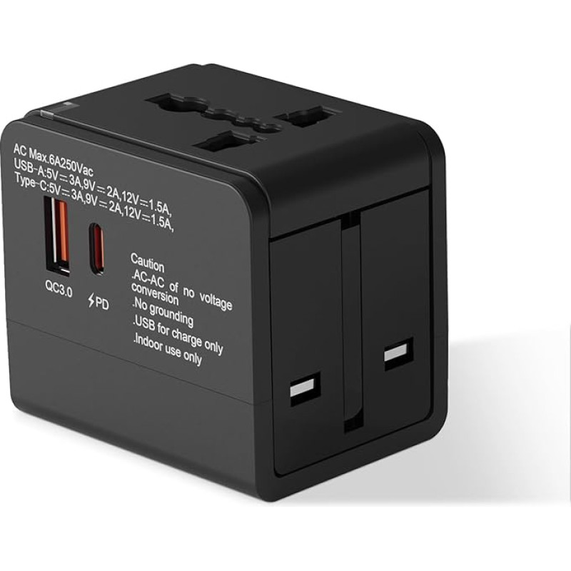 Travel Adapter Worldwide, Universal Travel Plug with 1USB-A, 1USB -C and 1AC Socket, USB C PD 18W Fast Charge, International Socket Adapter for Germany, USA, England, Australia (Black)