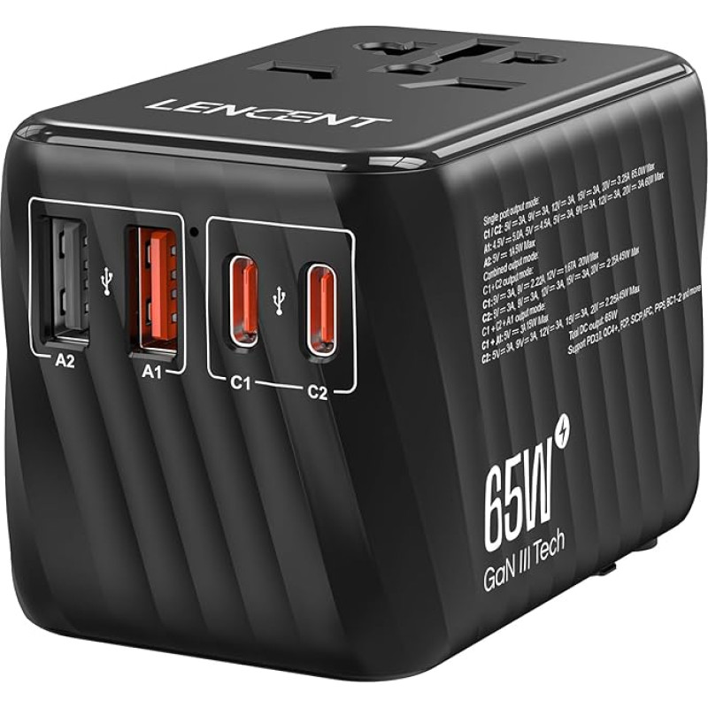 LENCENT International Travel Adapter, 65W GaN3 Universal Adapter with 2 PD3.0 Type C+2 QC USB A, Worldwide Power Adapter, All in One Travel Plug for EU/USA/UK/AU Sockets, Black