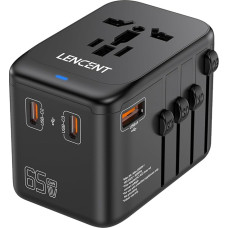 LENCENT International Travel Adapter, GaN III 65 W Universal Travel Plug with 1 USB-A & 3 USB-C PD Quick Charge, Socket Adapter for Type A/C/G/I (USA/UK/EU/AUS) Socket, Black